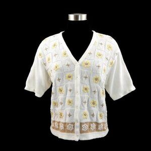 JH Collectibles Floral Off White/Gold Embroidered S/S Button Up Cardigan Women M
